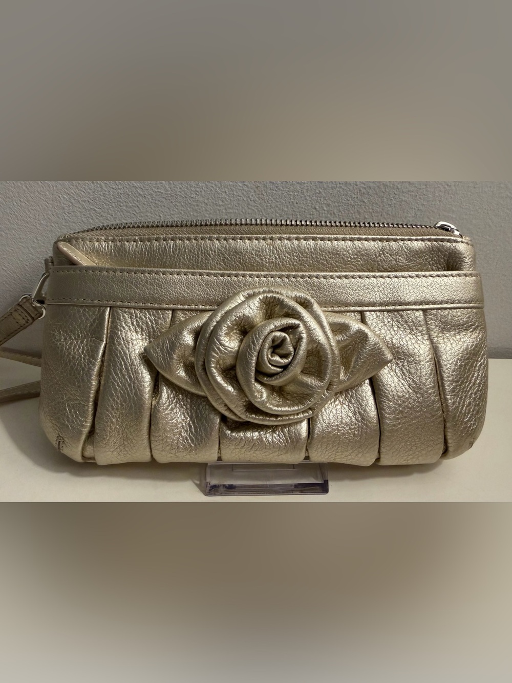 Brighton 3D wild Rose gold metallic wristlet/crossbody bag.